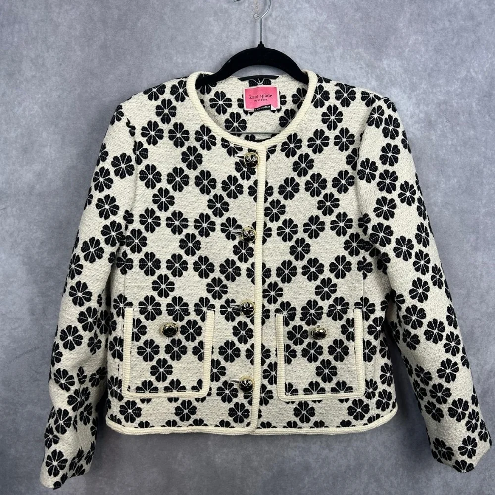 Kate‎ Spade Tweed Jacket skirt suit Career Office Cream&black Floral Size 4